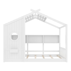 English Elm Twin House Floor Bed for Kids Montessori Playhouse with Roof, Built-In Shelf, Sturdy Pine Frame, Safeologna White 78.6 L x 16.6 W x 6.85 H N733P335064K