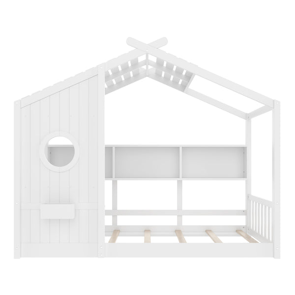 English Elm Twin House Floor Bed for Kids Montessori Playhouse with Roof, Built-In Shelf, Sturdy Pine Frame, Safeologna White 78.6 L x 16.6 W x 6.85 H N733P335064K