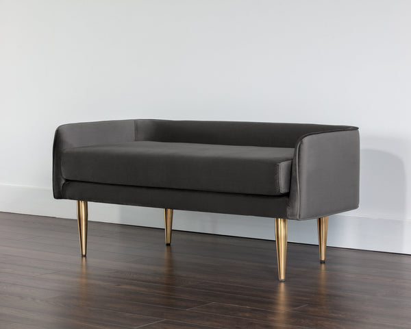 Sunpan Sammy Bench - Elegant Upholstered Seating with Gold Stainless Steel Legs for Stylish Interiors Grey Sky