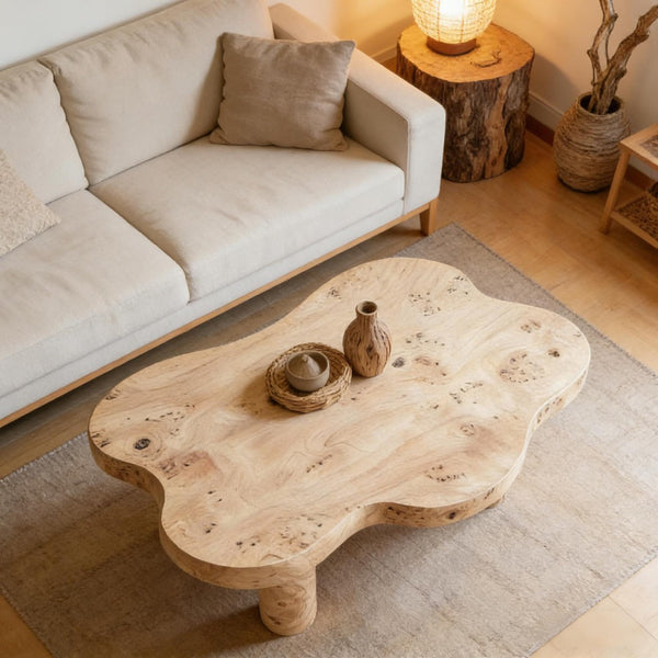 English Elm 40-inch Cloud Shaped Coffee Table Sculptural Mdf Top with Tapered Legs for Living Rooms Natural Wood W3935S00005