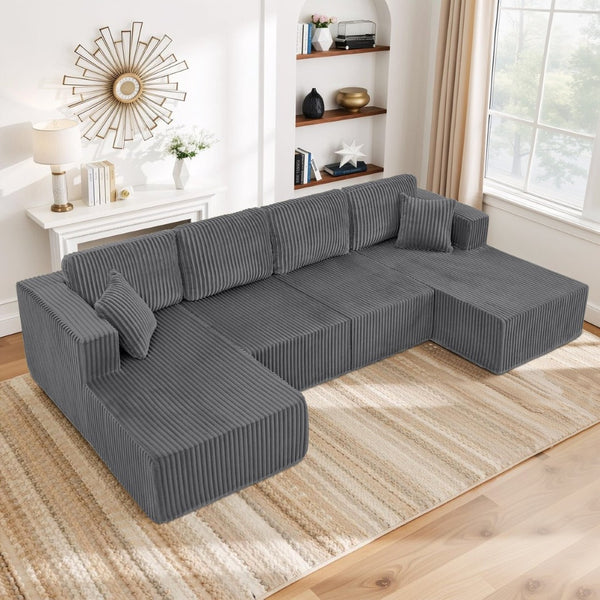 English Elm U-shaped Modular Corduroy Sectional Sofa Sleeper Spacious Living Room Lounge Couch Dark Gray W487S00427