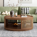 English Elm 37'' Wooden Mid-Century Modern Coffee Table, Round Cane Coffee Table With Pe Rattan Side For Living Room,Brown