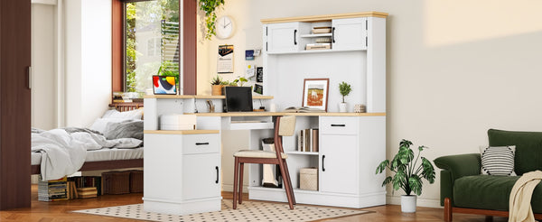 English Elm L-shaped Corner Computer Desk with Built-in Outlets Drawers and Open Shelving Storage W1580S00269