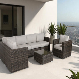 English Elm 5-Person Wicker Patio Set with Cushions Fully Assembled — 7-Piece Weatherproof Aluminum Sofa Set, Plush 5" Cushions Grey B120S00107