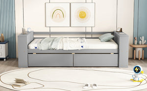 English Elm Twin Pine Wood Daybed with Shelves & Drawers, Gray — Space-Saving Twin Sofa Bed with Storage, Sturdy WF324220AAE