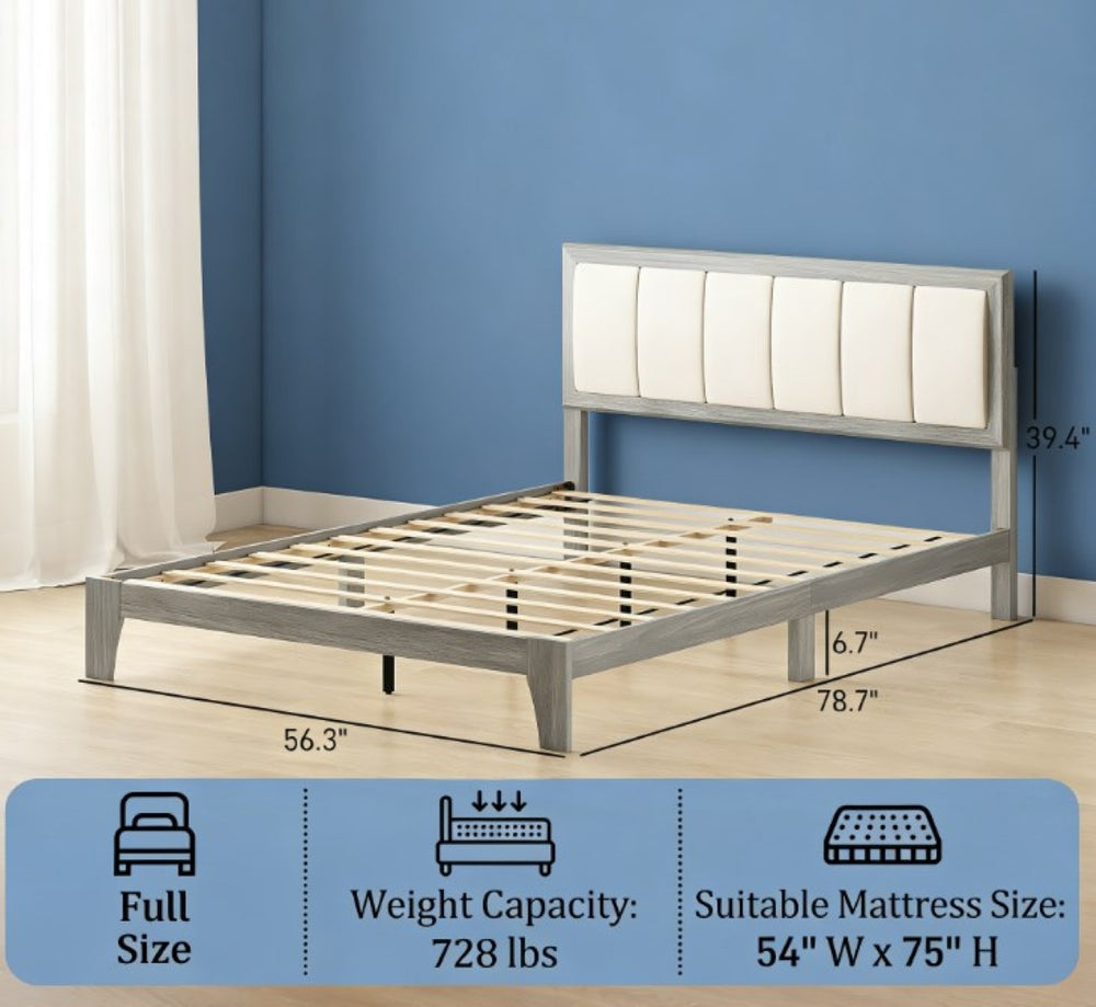 English Elm Platform Queen Bed Upholstered Linen Headboard Low Profile Modern Bedroom Frame T3971P433498