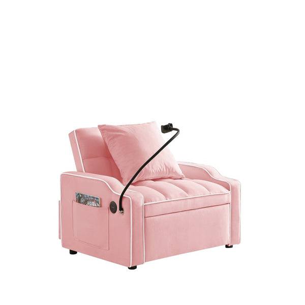 English Elm Sleeper Sofa Chair Velvet Convertible Armchair with Usb Charging for Small Spaces Pink W1359P458678