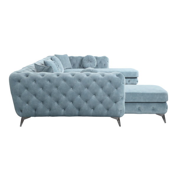 English Elm Zerah Dusty Blue Fabric Sectional Sofa with 7 Accent Pillows, Button Tufted, Pocket Coil Comfort B2726S00354