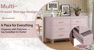 English Elm 6-drawer Double Dresser Solid Wood Legs Mid-century Modern Bedroom Storage Cabinet Pink W1445S00009