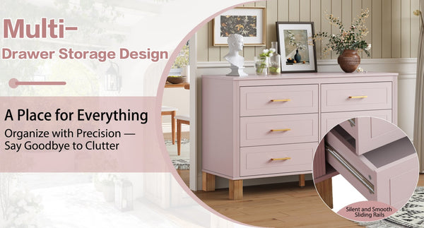 English Elm 6-drawer Double Dresser Solid Wood Legs Mid-century Modern Bedroom Storage Cabinet Pink W1445S00009