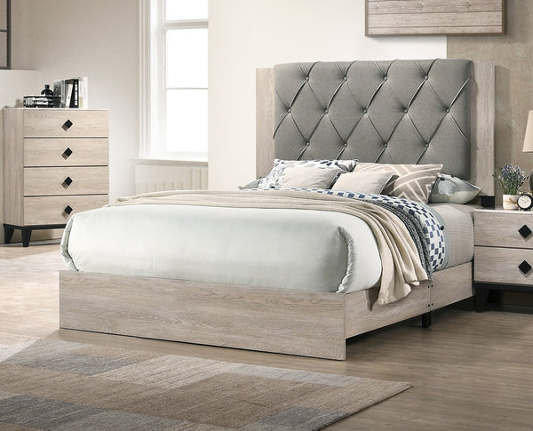 English Elm Contemporary Cream Finish Queen Bed With Gray Tufted Headboard - Stylish Rubberwood Frame Design B011P236790