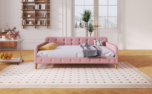 English Elm Full Size Linen Tufted Daybed with Pine Frame for Living or Guest Room Pink DL001825AAH-1