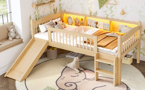 English Elm Twin Xl Solid Pine Loft Bed with Built-in Led Lighting and Storage Shelves Natural W1580S00366