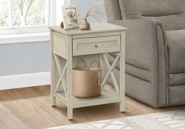English Elm Accent 2-Tier Narrow End Table with Drawer and Shelf, Transitional Veneer Top, Solid Wood Legs for Compact Spaces White 28 L x 19 W x 7 H B2710P219487