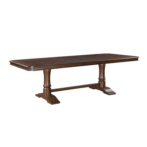 English Elm Formal Cherry Trestle Dining Set with Nailhead Chairs and Self Storing Extension Leaf B011S01372