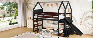 English Elm Full Size Pine Loft Bed House Frame with Slide Bookshelves and Moon Star Rails W1580S00311