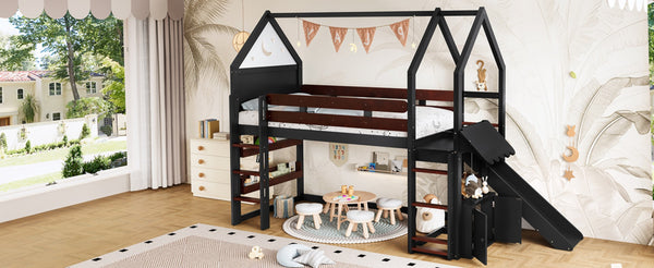 English Elm Full Size Pine Loft Bed House Frame with Slide Bookshelves and Moon Star Rails W1580S00311