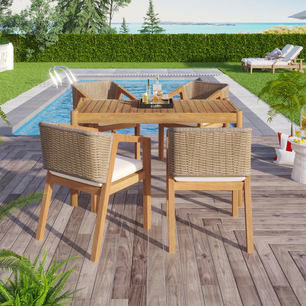 English Elm Christopher Knight Home® - Acacia Solid Acacia Wood Outdoor Dining Set of 5 with Cushions, Weatherproof Teak‑Beige Finish N779P210772L-2_N779P210771L