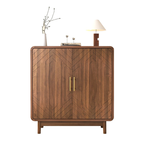 English Elm Walnut-finish Carved Sideboard Buffet Cabinet with Adjustable Shelves and Gold Handles W5389P463605