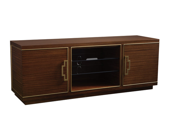 Lexington Sligh Aria Media Console - Stunning Zebrano Veneer Design With Gold Striping, Glass Shelves & Touch Lighting Nouvel Wood 195-660