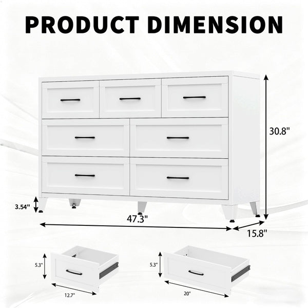 English Elm 7-drawer Steel Dresser Wide Low Profile White Cabinet for Bedroom or Entryway T2398P498867