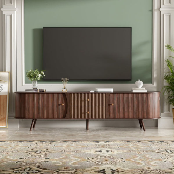 English Elm 70 Inch Mid Century Media Console with Tambour Doors Fluted Drawers and Wood Legs N710P419840P