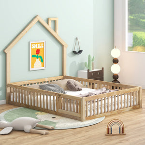 English Elm Wood House Platform Bed Full Size with Guardrail & Playful Frame, Sturdy Pine, Kid-Safe Design Natural N709P171852M