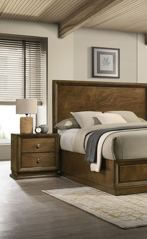 English Elm Walnut Finish King Bedroom Set Carved Headboard Rubberwood Frame with Two Nightstands B2741S00217