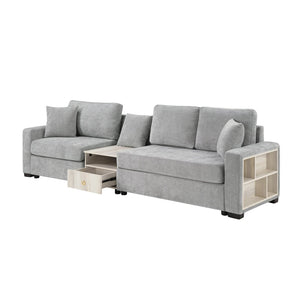 English Elm Modern Chenille Three Seat Sofa with Console Storage Armrest for Living Room Grey N763S000060E