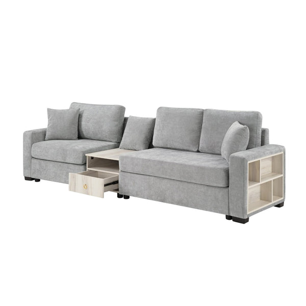 English Elm Modern Chenille Three Seat Sofa with Console Storage Armrest for Living Room Grey N763S000060E