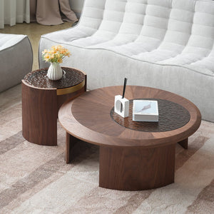 English Elm Tavola Modern Round Coffee Table Set with Walnut Veneer & Ripple Glass—Sturdy Two-Piece, Scratch-Resistant B341P321122