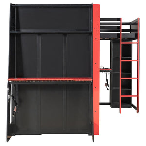 English Elm L-shaped Gaming Loft Bunk Bed Twin Wood Frame Rgb Lighting Usb Ports Storage Shelves Red LT000295AAR