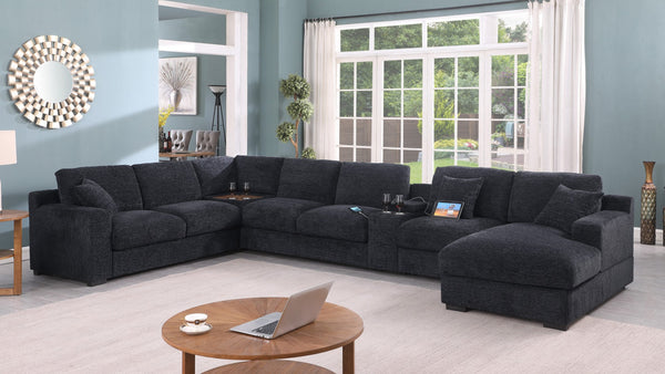 English Elm Chiara Chenille Sectional Sofa with Chaise Cupholders Usb Charging Ports Living Room Dark Gray B2749S00234
