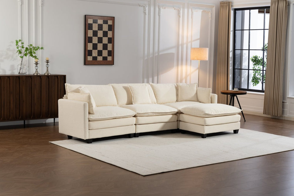 English Elm Modern Chenille Sectional Sofa with Ottoman Modular Layout for Spacious Living Rooms Antique White W2530S00017