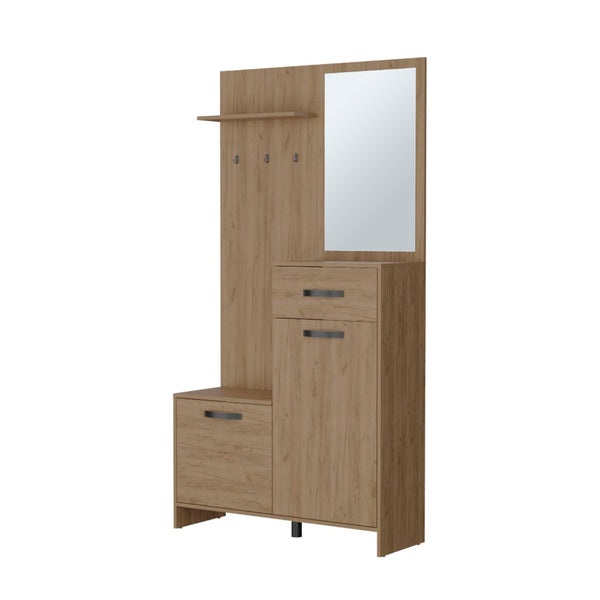 English Elm Soudersburg Entryway Hall Tree with Mirror Hooks Drawer and Shoe Cabinet Light Oak B092P286131