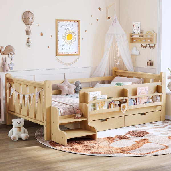 English Elm Twin Pine Floor Bed with Guardrails Built-in Bookcases and Stair Steps for Kids Light Natural W1580P430201