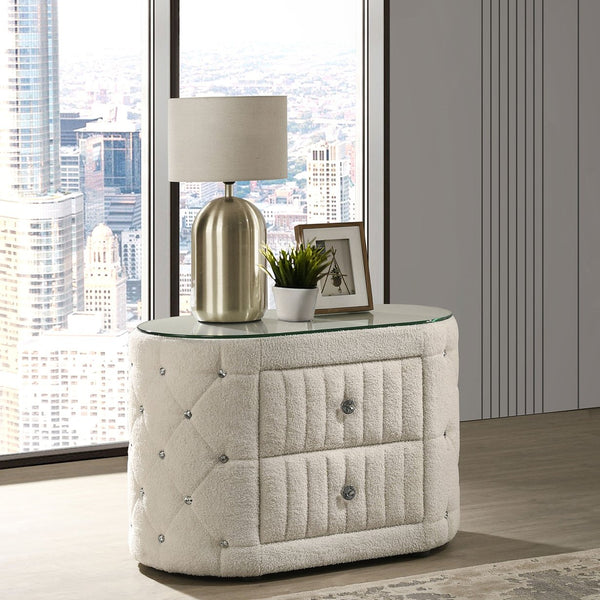 English Elm Santiago Ivory boucle oval nightstand with acrylic tufting, tempered glass top, 2-drawer compact storage B062P375537