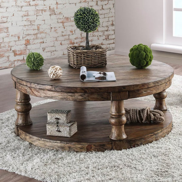English Elm Rustic Round Wooden Coffee Table 48" Dia x 20" H with Weathered Finish, Turned Legs, Open Shelf and Button-Tufted Beige Linen Top Antique Dark Oak 51 L x 51 W x 13 H B2741P357496