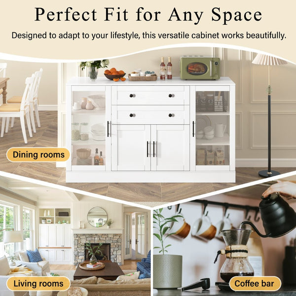 English Elm U-style Modern Buffet Sideboard with Acrylic Doors Power Outlet and Adjustable Storage White N711P437648K