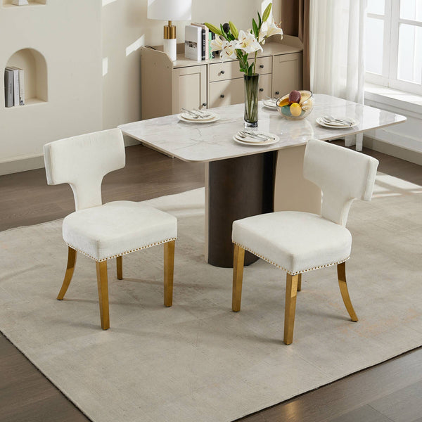 English Elm Mid Mid Century Modern Dining Chair Set with Curved Copper-Nail Backrest, High-Density Foam Seat, Brushed Stainless Legs Beige W1143P314902