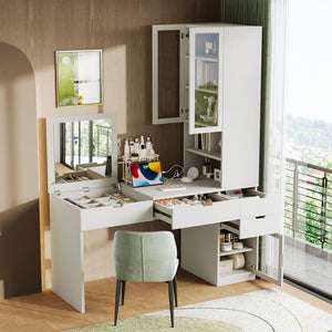 English Elm Versatile Makeup Vanity Desk with Mirror, Built-In Charging Station, 8 Hidden Storage Spaces, White N733S291664K