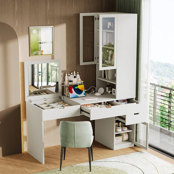 English Elm Versatile Makeup Vanity Desk with Mirror, Built-In Charging Station, 8 Hidden Storage Spaces, White N733S291664K