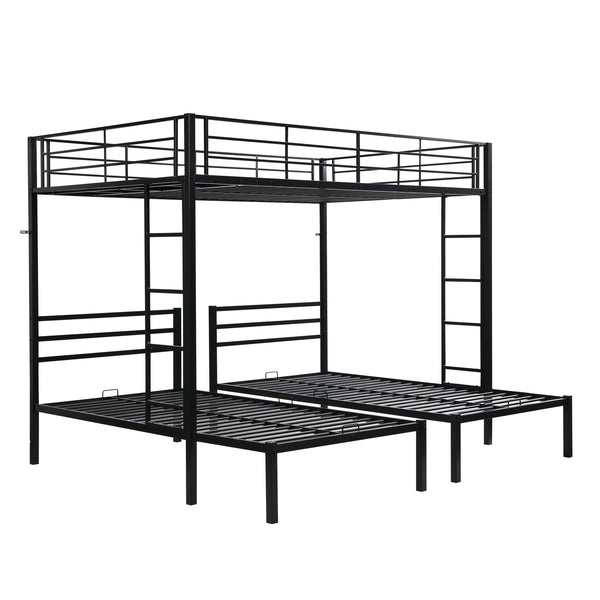 English Elm Full Metal Triple Bunk Bed Full over Twin over Twin with Vertical Ladder, Safety Rails & Shelf Black W2297S00026
