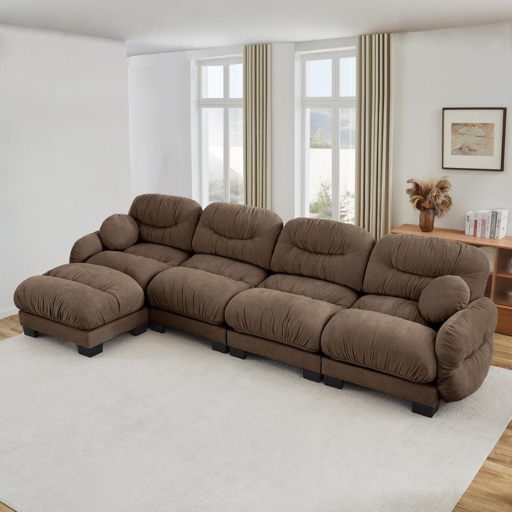 English Elm Pleated Chenille Sectional Sofa with Ottoman Ergonomic Foam Curved Armrests Living Room Brown W5656S00062