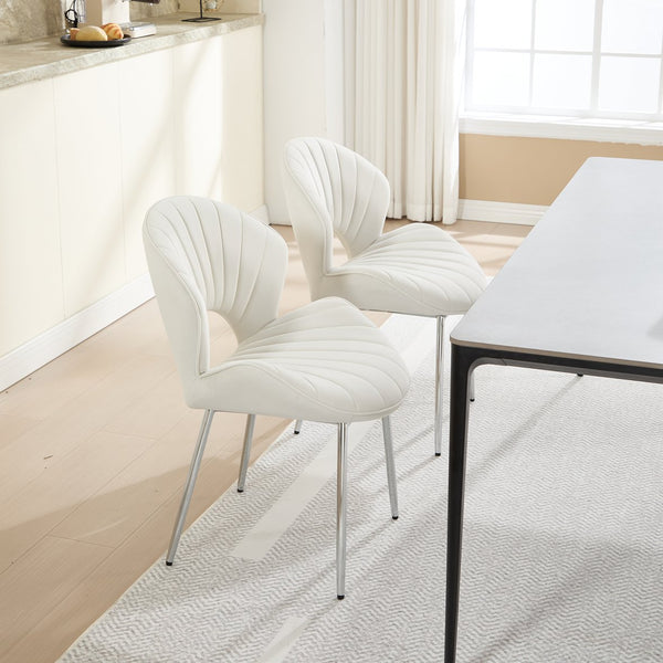 English Elm Modern Upholstered Dining Chair with Hollow Back, 21.6" Wide Velvet Seat and Silver Metal Legs, Set of 2 White W1249P386231