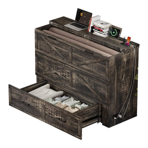 English Elm Queen Murphy Cabinet Bed Rustic Grey Farmhouse Style with Charging Station Storage W5271S00001