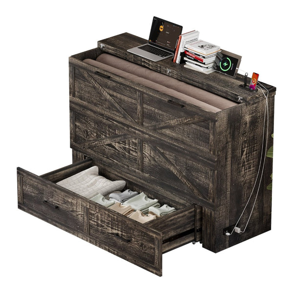 English Elm Queen Murphy Cabinet Bed Rustic Grey Farmhouse Style with Charging Station Storage W5271S00001