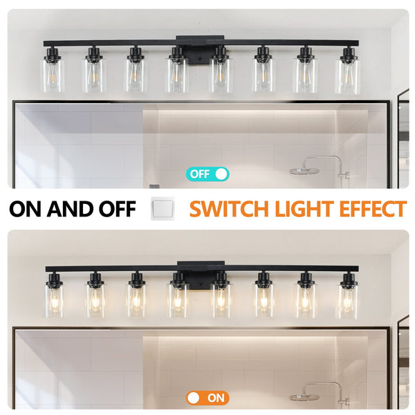 English Elm 51" Black 8-Light Vanity Light with Clear Glass Shades, Modern Iron Bathroom Wall Fixture for Mirror and Dressing Room W2312P374793