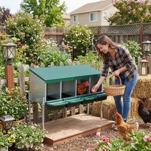 English Elm 4-hole Galvanized Steel Chicken Nesting Box with Roll Away Egg Tray and Rain Cover W1422P292941