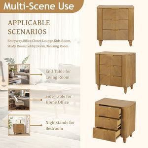 English Elm Mid-century Fluted 3 Drawer Nightstand with Gourd Legs and Gold Tone Handles for Bedroom Natural N761P285712N